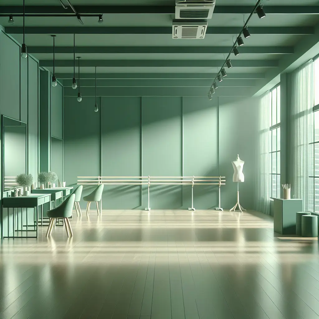 A vibrant dance studio with mirrors and dancers warming up